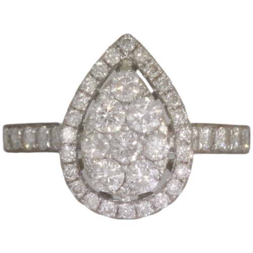 An 18ct white gold diamond cluster ring. Set with brilliant cut diamonds of 1.50ct total calculated weight, assessed as G/H colour, SI clarity. Size O. Weight 4.18g. Hallmarked Birmingham. Good, wearable condition.

Good, wearable condition.