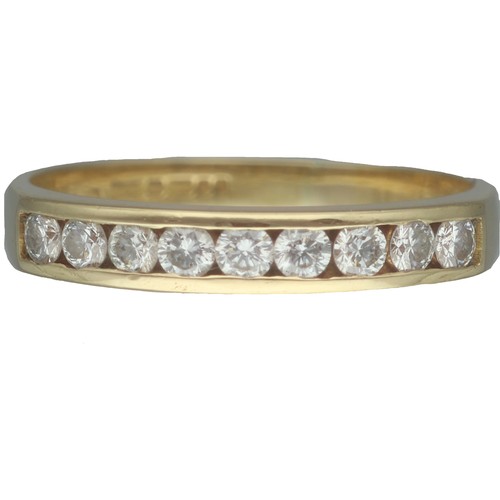 18ct Yellow Gold Diamond Half Eternity Ring. 

Diamond assessed as round brilliant cut, 0.40ct total, F-G colour,  VS clarity. 

 3.2 Grams Finger Size O