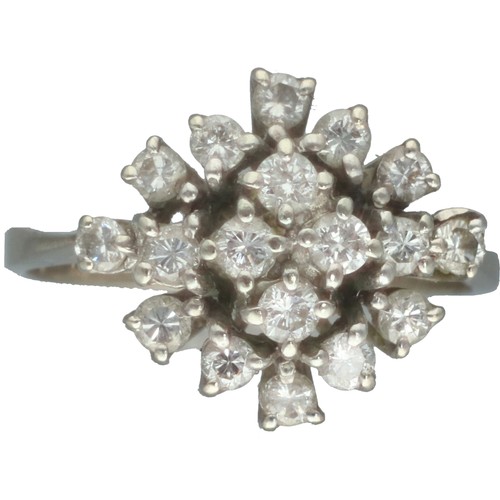 White Metal Diamond Cluster Ring.  Diamond assessed as round brilliant cut, 0.81ct total, H-I colour,  SI2-I1 clarity. 4.1 Grams Finger Size O 1/2