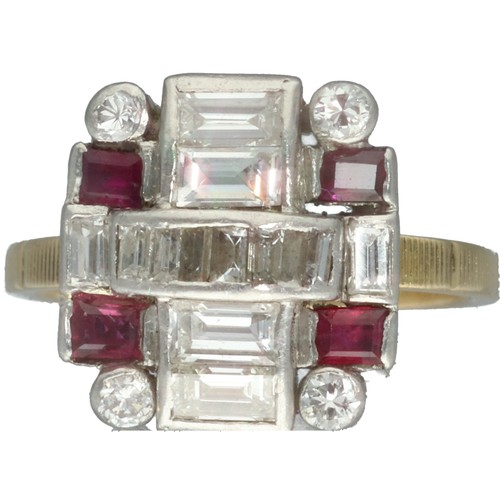 Yellow Metal Tested 18ct Diamond And Ruby Cluster Ring. 

Diamond assessed as baguette and round brilliant cut, 1.12ct total, H-I colour,  VS clarity.  4.2 Grams Finger Size J