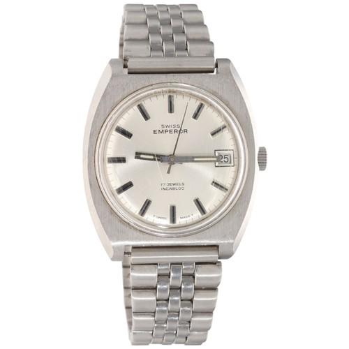 Swiss Emperor automatic wristwatch, reference 2186, featuring a 36mm stainless steel tonneau-shaped case. The silvered dial includes a date indicator and is paired with its original integrated "beads of rice" style bracelet.

Maker: Swiss Emperor

Origin: Switzerland

Material: Stainless Steel

Period: 1970s

Dimensions: 36mm Case Diameter

Condition: 
original unpolished state with clear dial

Short Pitch: A quintessential 1970s Swiss automatic that perfectly captures the era's bold, integrated steel aesthetic. Its "beads of rice" bracelet and cushion case make it a standout piece for any vintage collection.