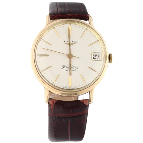 A fine and heavy vintage ladies' or men's 9ct yellow gold Longines Flagship "Big Ship", Reference 3418, circa 1965. The 35mm case features a silvered dial with applied gilt baton markers and a date aperture. The screw-down case back is centered with a large 18ct gold and blue enamel caravel medallion. Powered by a 17-jewel Calibre 345 automatic movement.

Maker: Longines

Origin: Saint-Imier, Switzerland

Material: 9ct Yellow Gold (Hallmarked)

Period: c. 1960s

Dimensions: 35mm (Diameter)

Weight: 47.85g (Gross)

Condition: Dial shows light age; case back medallion remains crisp with intact enamel; movement winds and sets.

Auctioneer's Note: The "Big Ship" is one of the most substantial gold watches produced by Longines. At nearly 48g, its intrinsic value is high, while the collector interest in the Flagship line remains robust.