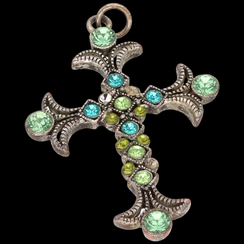 197 - Vintage Gothic Silver-Tone Cross Pendant - Ornate Filigree Crucifix with Green & Teal Faceted Crysta... 