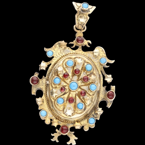 198 - Vintage Spanish Sunburst Reliquary Pendant - Ornate Brass Monstrance Style Medallion with Red & Blue... 