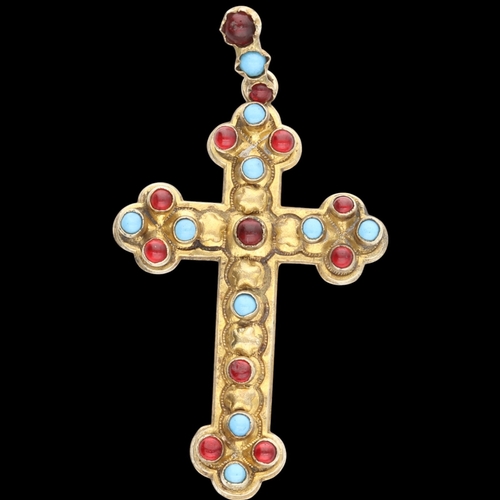 199 - Vintage Ornate Brass Pectoral Crucifix Pendant - Spanish Colonial Style Cross with Garnet Red & Turq... 