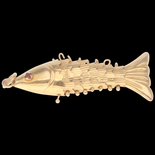 200 - Yellow Metal Stamped And Tested 14k Articulated Fish With Red Stoned Eyes Charm Weight 2 Grams