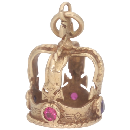 208 - 9ct Yellow Gold Crown Charm With Pink and Blue Stones Weight 1.9 Grams