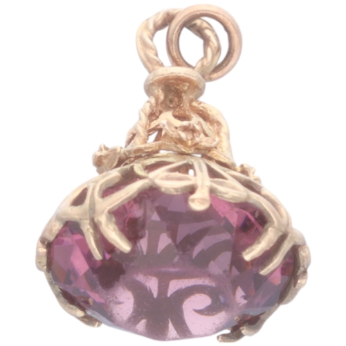 214 - 9ct Yellow Gold Purple Glass Fob Pendant 7.9 Grams Length 30mm 18mm