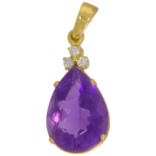 220 - An amethyst and diamond pendant.  Set with a pear shape amethyst and brilliant cut diamonds of 0.18c... 