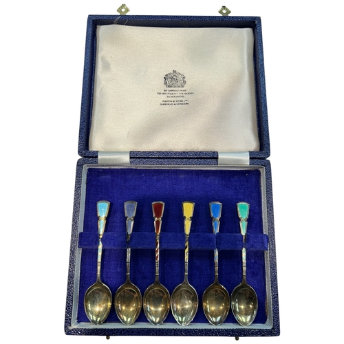 232 - A charming set of six Art Deco sterling silver and guilloché enamel coffee spoons by Turner & Simpso... 
