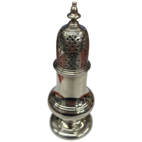 240 - A George II sterling silver sugar caster, hallmarked London, 1759. This elegant piece features a cla... 