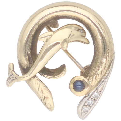 65 - Yellow And White  Metal Tested 9ct Dolphine Brooche With Blue And White Stones 7.5 Grams Set with a ... 