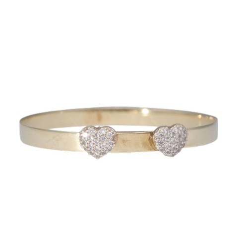 1 - A yellow metal tested as 9ct cz's heart bangle baby bangle. Weighing 3.47g.