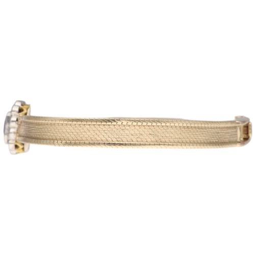 14 - A VINTAGE PURPLE SAPPHIRE AND DIAMOND CLUSTER STRAP BRACELET. Designed in the mid-century watch styl... 
