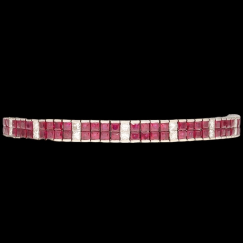 20 - 18ct white gold ruby and diamond bracelet. Set with princess-cut rubies and diamonds, approx. 1.60ct... 
