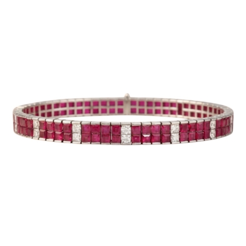 20 - 18ct white gold ruby and diamond bracelet. Set with princess-cut rubies and diamonds, approx. 1.60ct... 