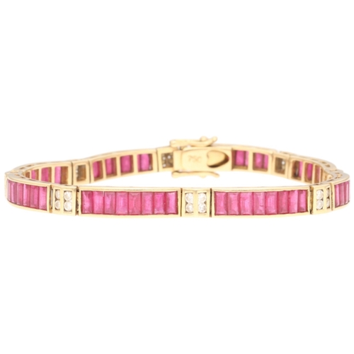 21 - A yellow metal stamped 750 ruby and diamond bracelet. Set with baguette-cut rubies and brilliant-cut... 