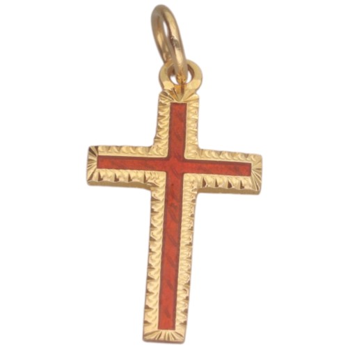 47 - A yellow metal tested 18ct cross with detailing. Weighing 2.48g.