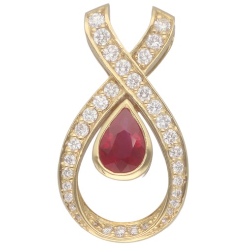 50 - 18ct Yellow Gold Diamond and Ruby Pendant. Set with a pear-cut ruby with a calculated weight of 2.07... 