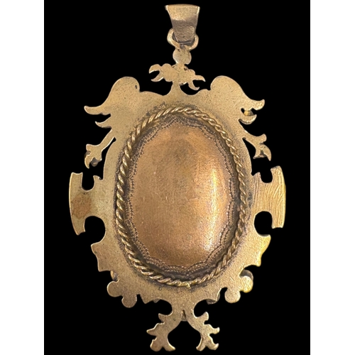 51 - Vintage Spanish Sunburst Reliquary Pendant - Ornate Brass Monstrance Style Medallion with Red & Blue... 