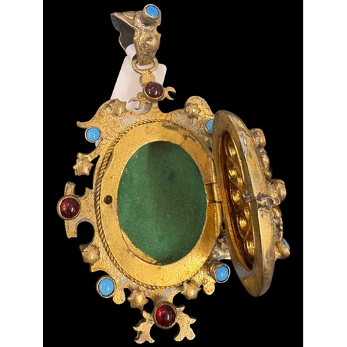 51 - Vintage Spanish Sunburst Reliquary Pendant - Ornate Brass Monstrance Style Medallion with Red & Blue... 