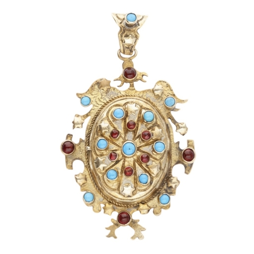 51 - Vintage Spanish Sunburst Reliquary Pendant - Ornate Brass Monstrance Style Medallion with Red & Blue... 