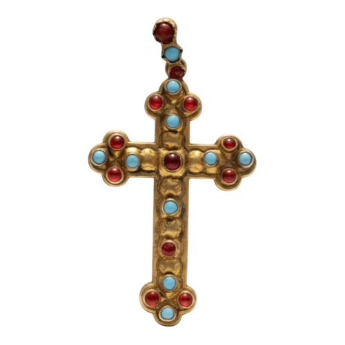 52 - Vintage Ornate Brass Pectoral Crucifix Pendant - Spanish Colonial Style Cross with Garnet Red & Turq... 