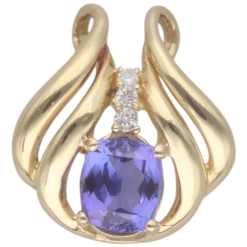 17 - Yellow Metal Tested as 18ct Tanzanite and Diamond Pendant.

Set with an oval-cut tanzanite with a ca... 