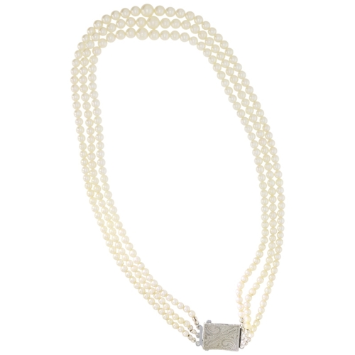 52 - W.HINDS Cultured Pearls 3 Strand Silver Pearl Necklace In Original Red Box
