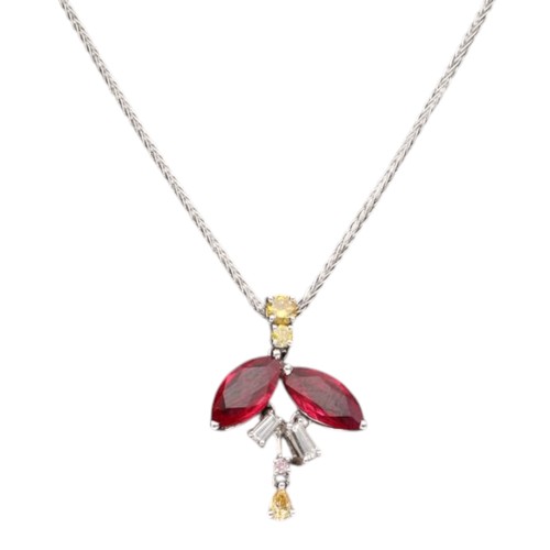 57 - 18ct white gold ruby and multi-coloured diamond necklace. Weight 4.4 grams. Length 16 inches.