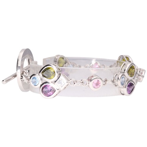 38 - Julien Macdonald sterling silver multi-colour pastel CZ station toggle bracelet. Designer: Julien Ma... 