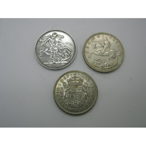 149 - Three Great Britain Silver Crowns, Queen Victoria 1889 (JH), George V 1935, George VI 1937.