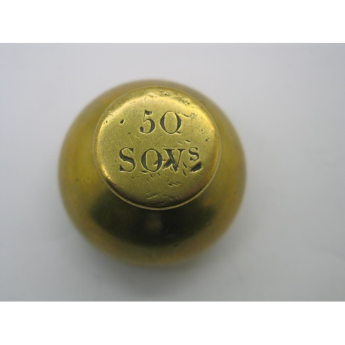 166 - A Late Georgian Brass Sovereign Weight Marked '50 Sovs' To Top.