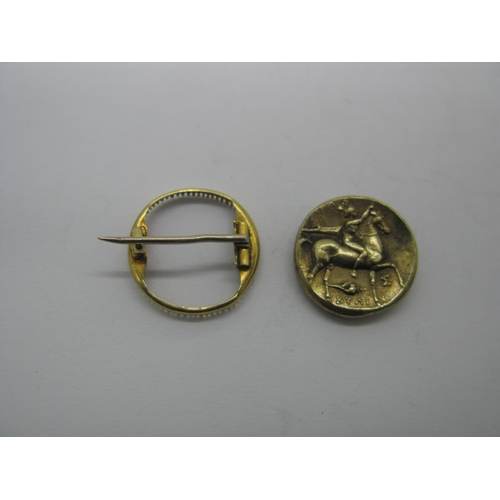 167 - Calabria Tarentum Style Coin, electro type?, gilt coloured (5.0g), together with brooch/pin mount.