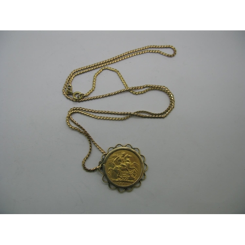 177 - Edward VII Sovereign 1909, loose set in mount, 9ct gold flat link chain.