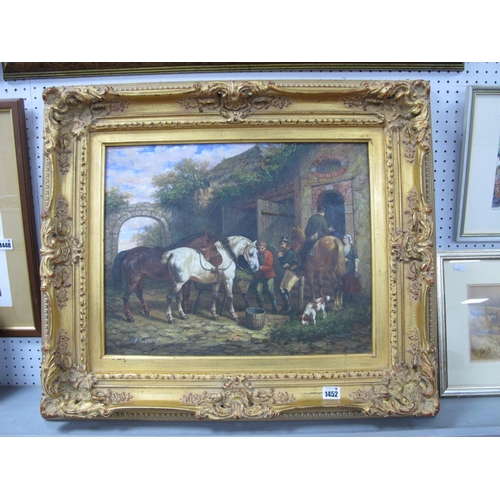 1452 - B.R. Ellis (XX Century), Looking After the Horses, with figures and spaniel in attendance, oil on bo... 