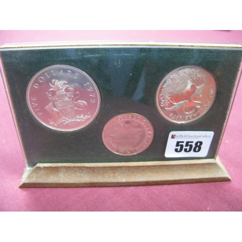 558 - Bahama Islands 1972 Three Coin Set, presented within a perspex stand, denominations Five Dollars, Tw... 