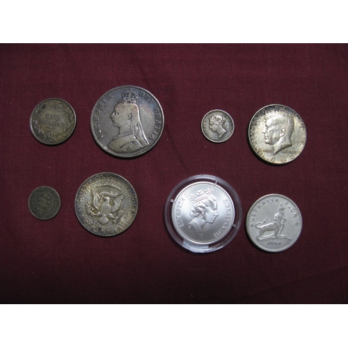 605 - Eight Silver Coins, to include Queen Victoria Shilling 1884, Australia Florin 1954, Queen Victoria D... 