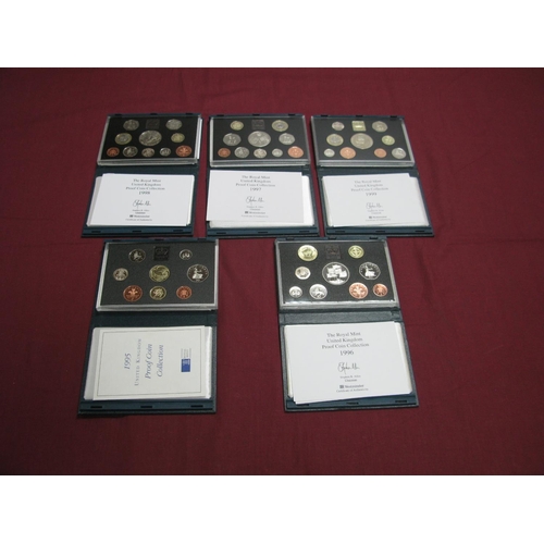 608 - Five Royal Mint United Kingdom Proof Coin Sets 1995, 1996, 1997, 1998, 1999, accompanied by literatu... 