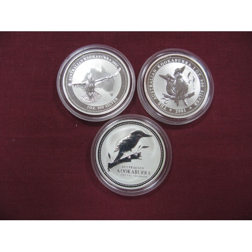 642 - Three Australian Kookaburra Silver 1oz, One Dollar Coins, 2001, 2002, 2003.