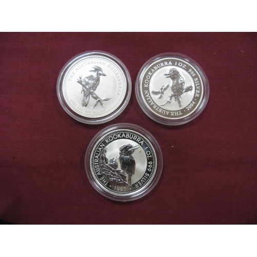 643 - Three Australian Kookaburra Silver 1oz, One Dollar Coins, 1997, 2004, 2005.