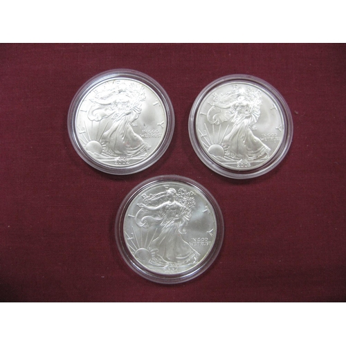 644 - Three United States of America Silver 1oz, One Dollar Coins, 2002, 2003, 2004.