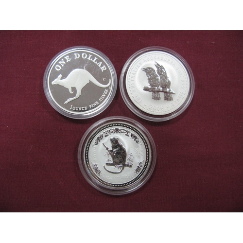 645 - Three Australian 1oz,  One Dollar Coins, 1998 Kangaroo,  2004 Monkey, 2006 Kookaburra.