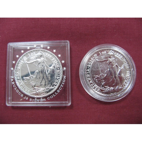 647 - Two United Kingdom Silver Britannia Two Pounds Coins, .999 fine silver, 2014, 2016.