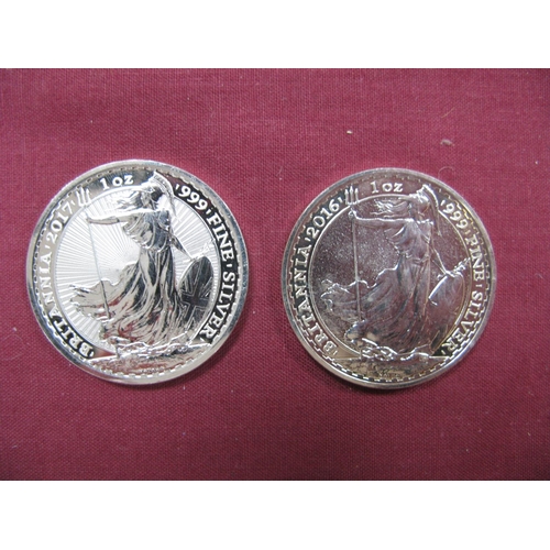 650 - Two United Kingdom Silver Britannia Two Pounds Coins, .999 fine silver 2016, 2017.