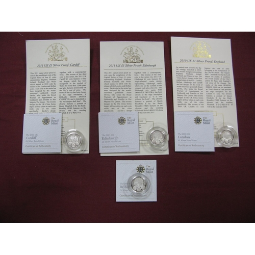 653 - The Royal Mint Silver Proof 'Cities' One Pound Coin Set (Four Coins), comprising of Belfast 2010, Lo... 