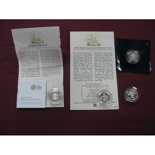 655 - Four United Kingdom Silver Proof One Pound Coins 1987, 1993, 2008, 2005 'Menai Suspension Bridge', m... 