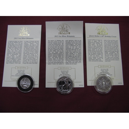 661 - Three United Kingdom Silver Coins, comprising of 1980 Queen Mothers 80th Birthday Crown, 2012 1 oz S... 