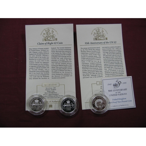 662 - Three United Kingdom Silver Proof Two Pounds Coins, comprising of 1989 'Tercentenary of The Bill of ... 