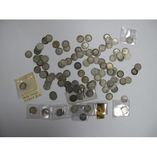 682 - Approximately One Hundred Great Britain Silver Threepences, Fourpence, William IV and Later, includi... 